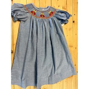 Two Friends Chambray Smocked Dress 2T Blue‎ Red Gumball Machine Applique Girls